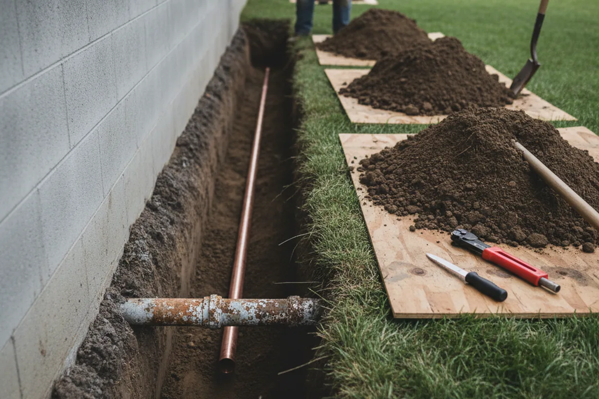 Excavated water line trench during Water Heater Repair in Stinson Beach